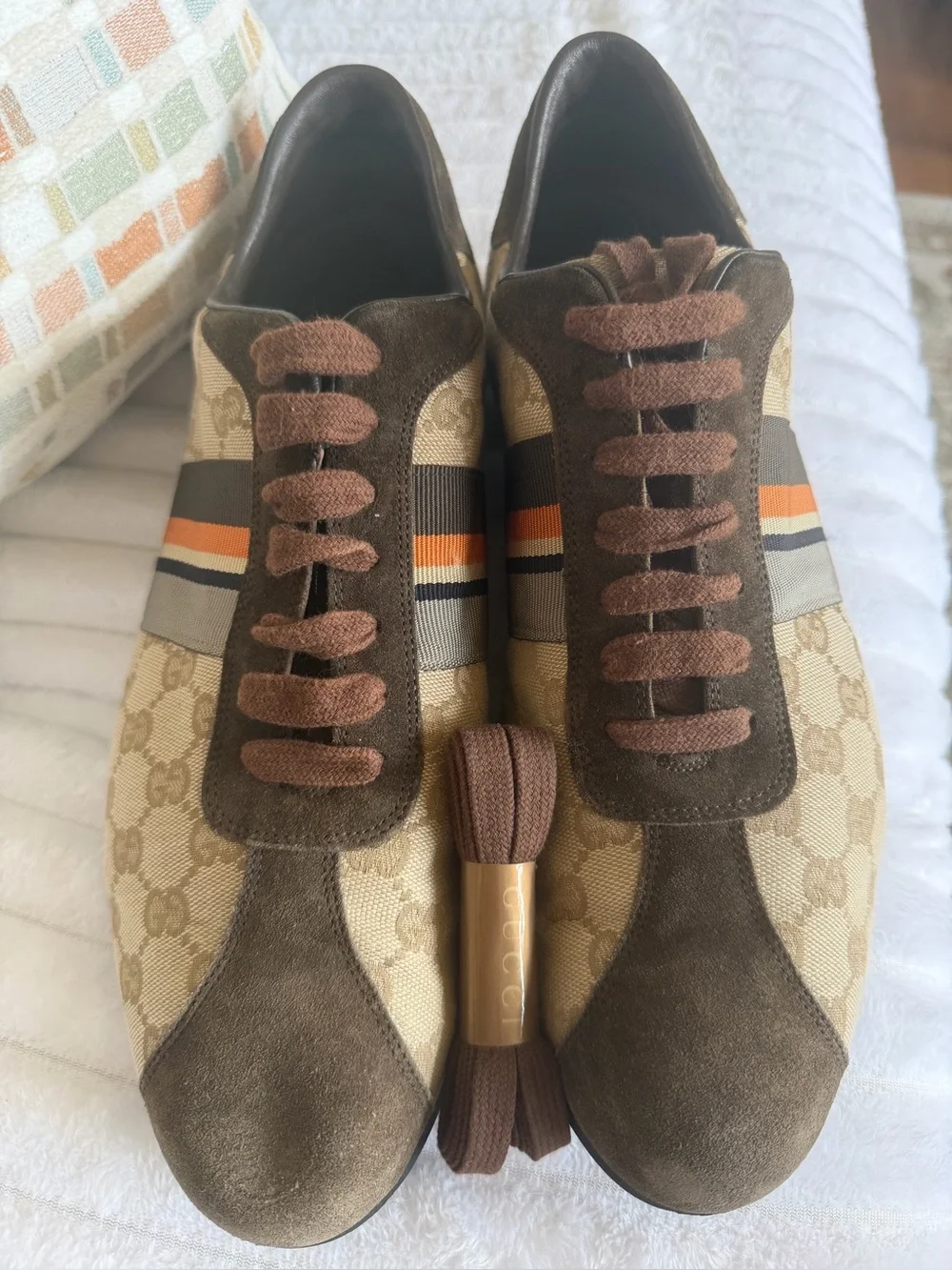 Gucci Brown/Beige Logo Canvas & Suede Athletic Sneakers with Orange Stripe